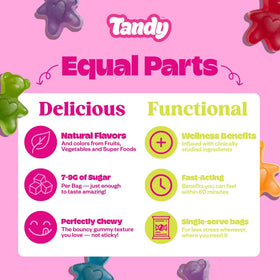 Fruit-flavored Tandy Belly Bears gummies in green apple and grape varieties.