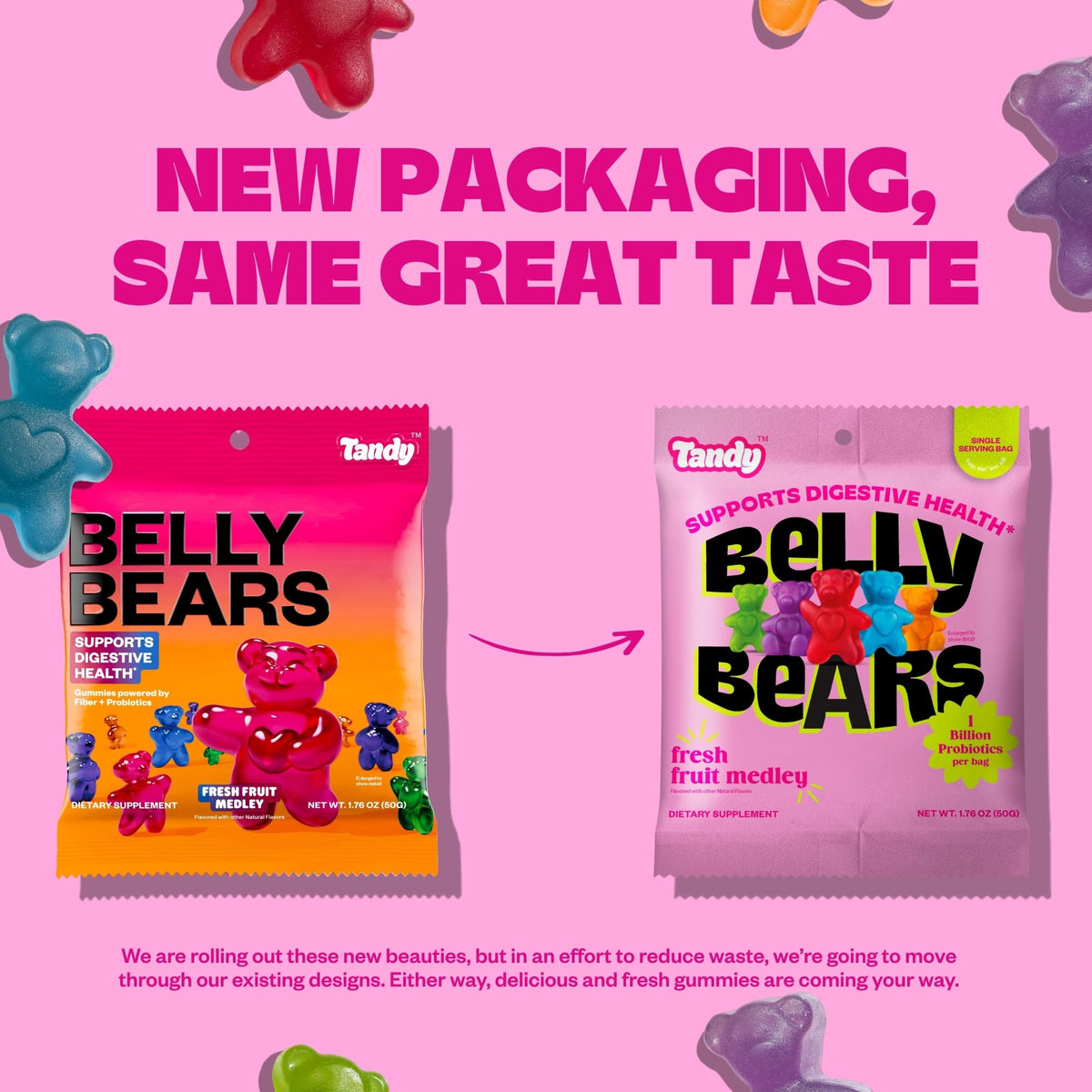 Tandy Belly Bears jar showing gluten-free formula and natural flavors.