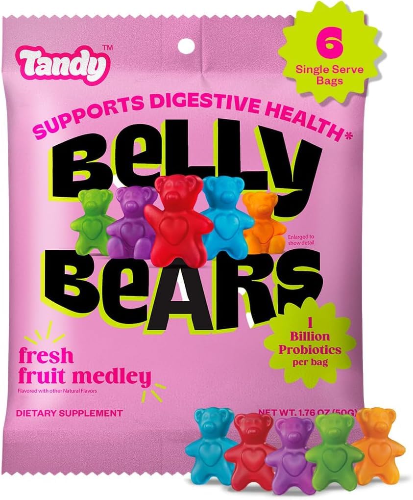 Tandy Belly Bears orange bottle with probiotic and fiber gummies for daily digestion support.