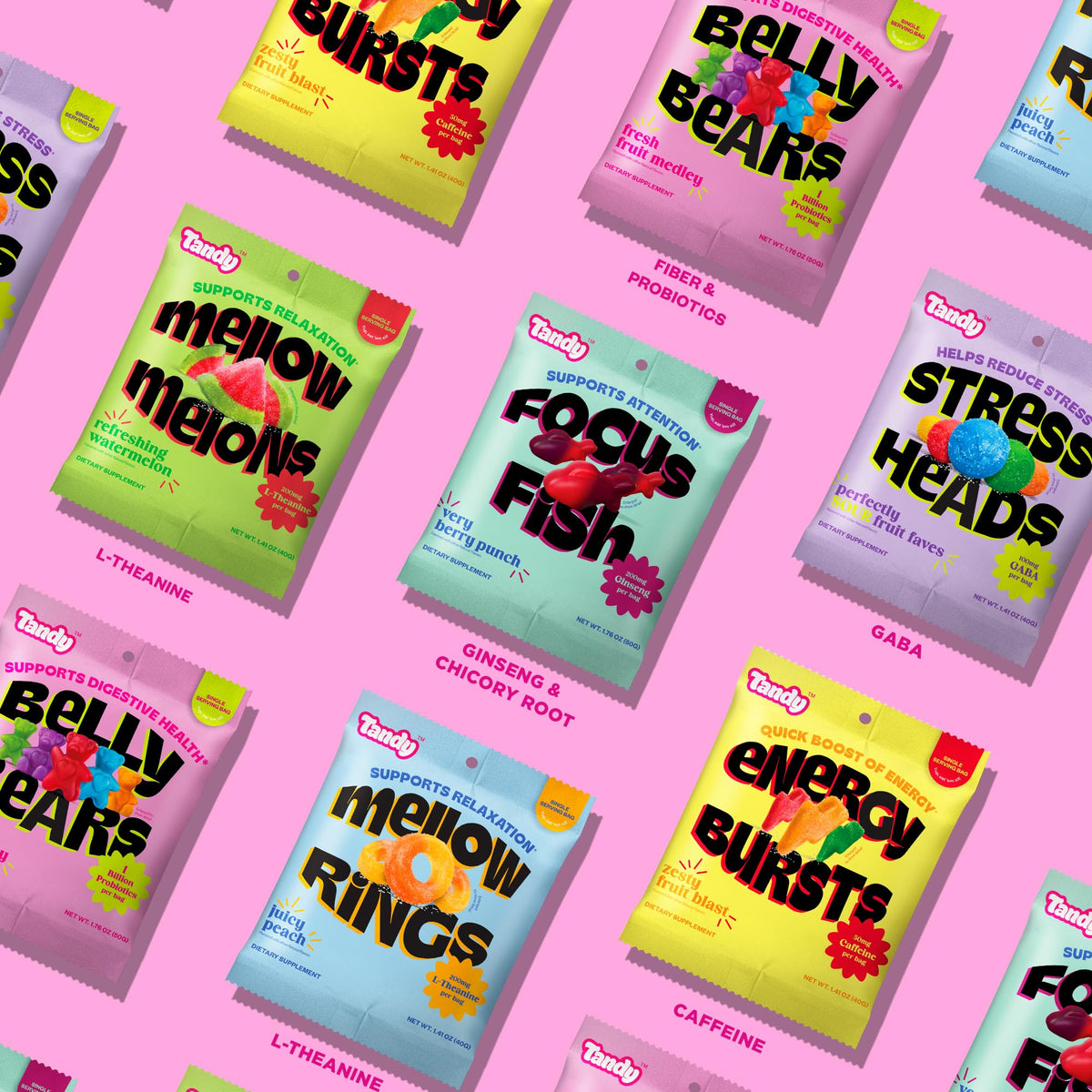 Single-serve packs of Tandy Belly Bears for quick, tasty digestive support.