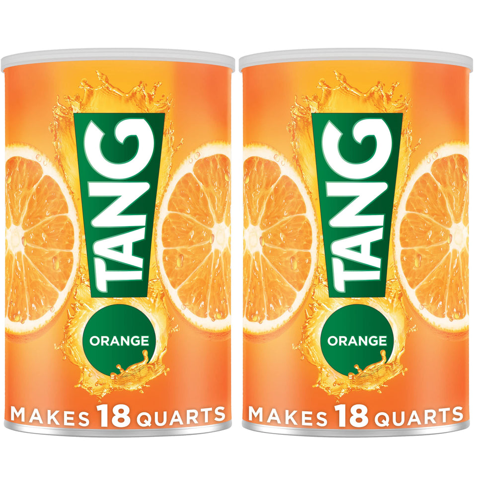 Tang Orange powder in two canisters ready for quick family drinks.