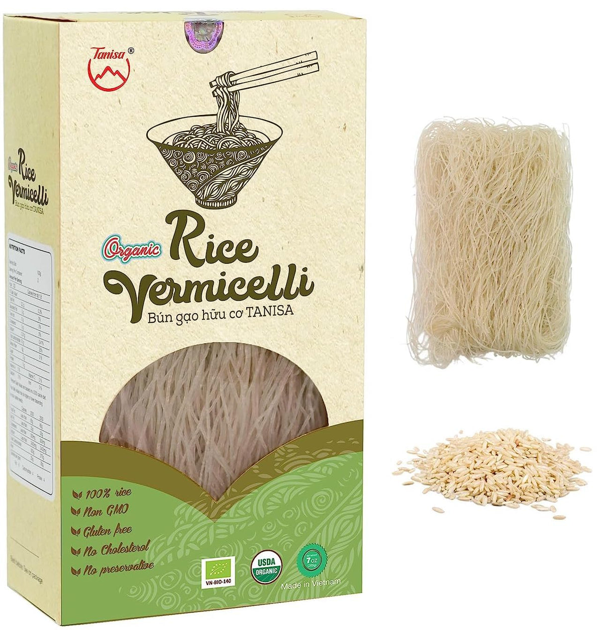 TANISA Organic Rice Vermicelli Noodles in a 7 oz box, ideal for pho and stir-fries.