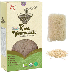 TANISA Organic Rice Vermicelli Noodles in a 7 oz box, ideal for pho and stir-fries.