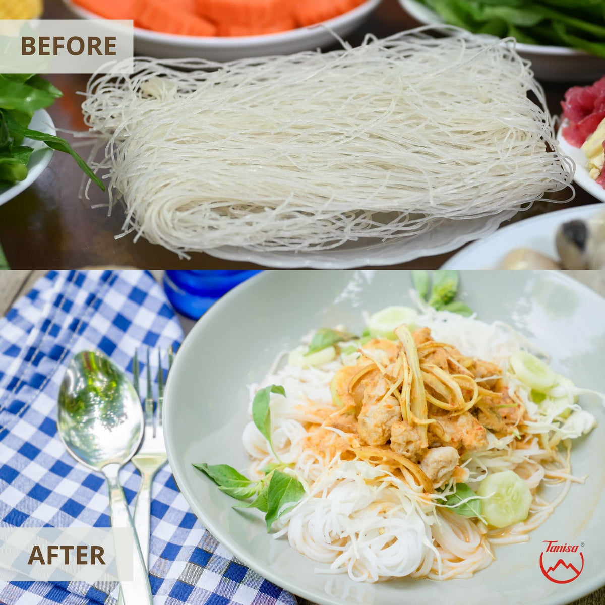 TANISA Organic Rice Vermicelli Noodles in raw form ready to soak.