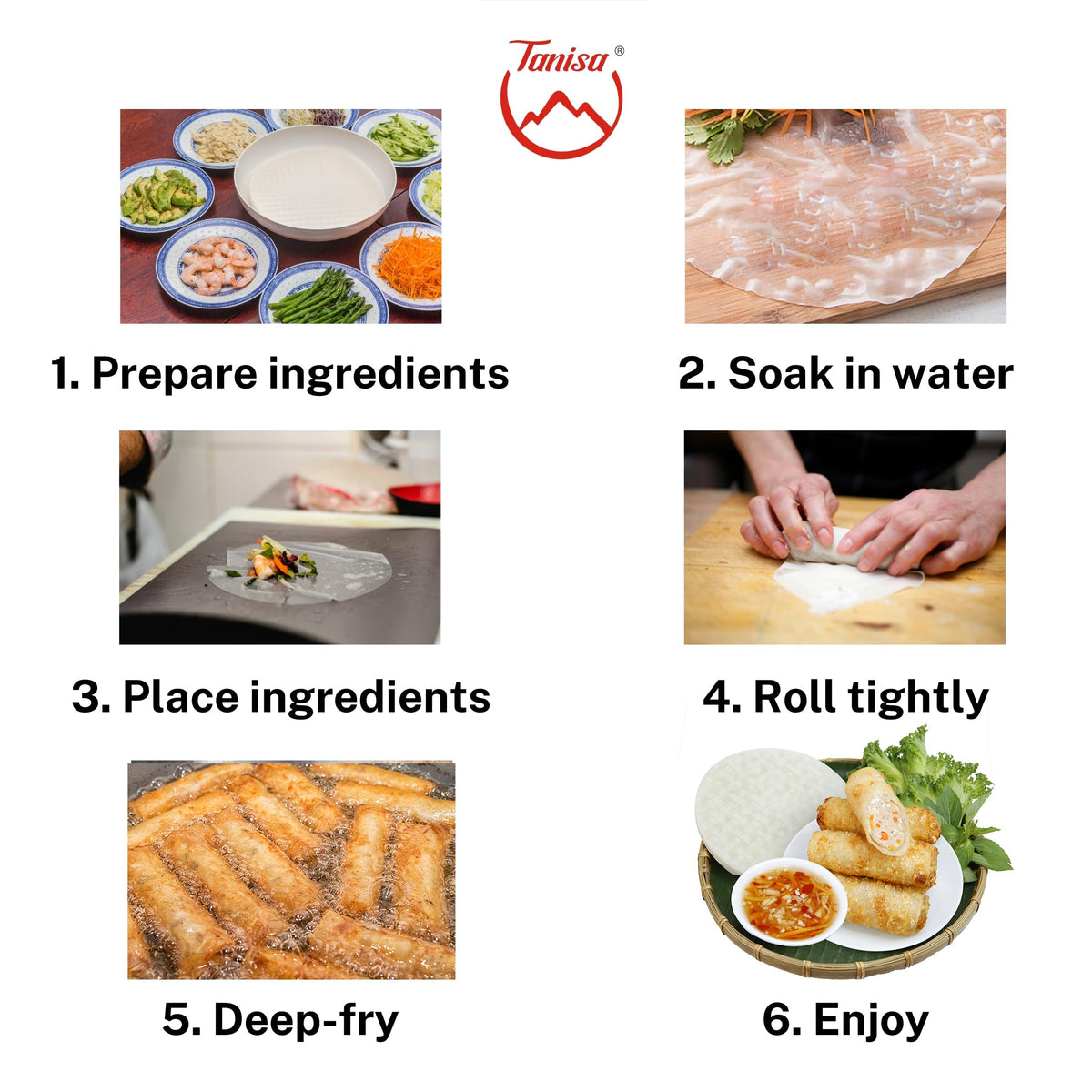 Tanisa rice paper wrappers ideal for fresh spring rolls with shrimp and herbs.