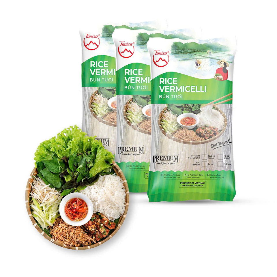 TANISA Rice Vermicelli 3-pack packaging highlights convenient family-sized noodles.