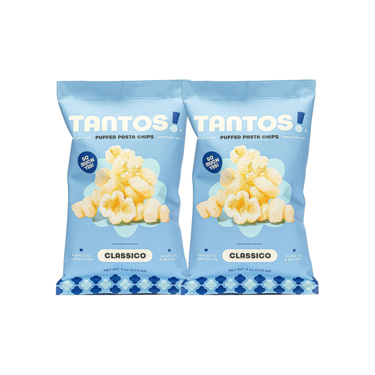 Tantos Classico puffed pasta chips front-pack view, plant-based snack option for busy days