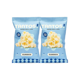 Tantos Classico puffed pasta chips front-pack view, plant-based snack option for busy days
