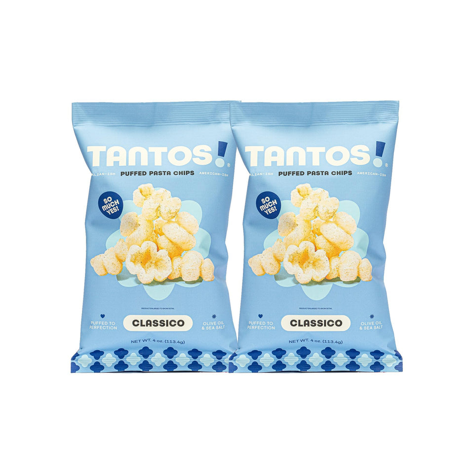 Tantos Classico puffed pasta chips front-pack view, plant-based snack option for busy days