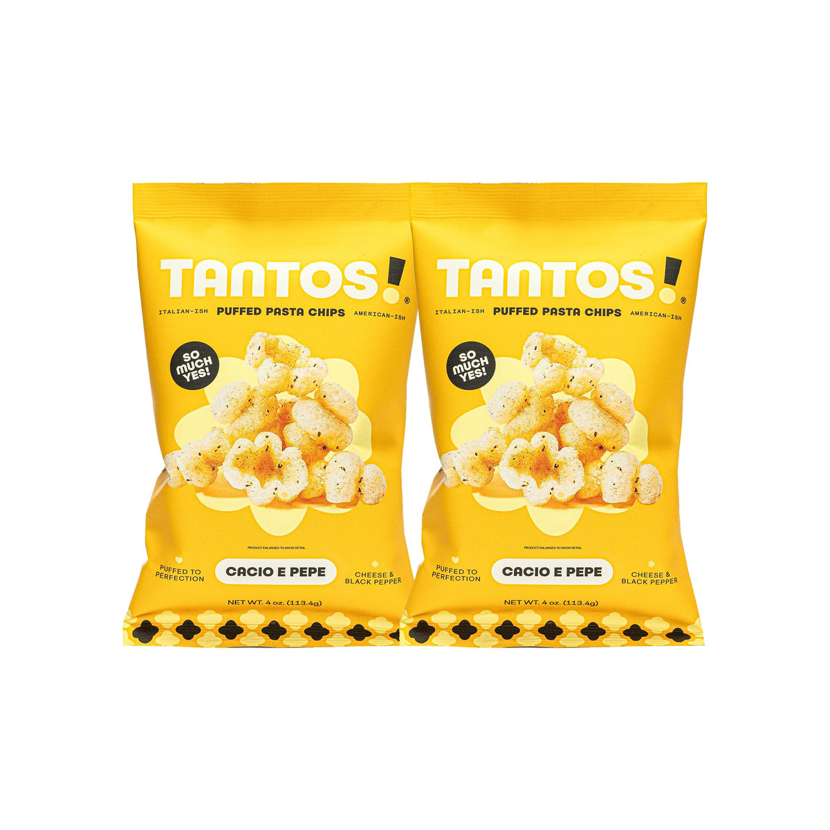 Tantos puffed pasta chips Cacio e Pepe bag closeup, protein-rich and plant-based.