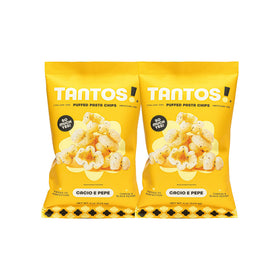 Tantos puffed pasta chips Cacio e Pepe bag closeup, protein-rich and plant-based.