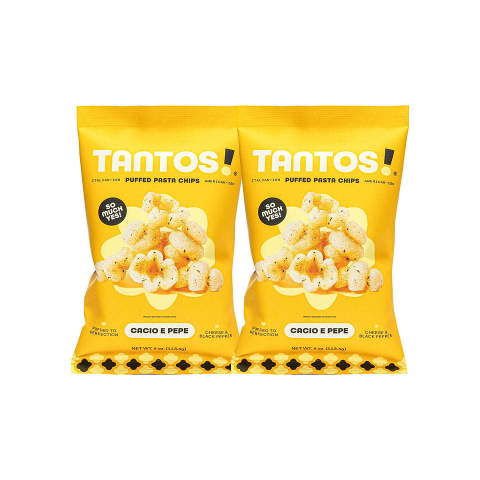 Tantos puffed pasta chips Cacio e Pepe bag closeup, protein-rich and plant-based.