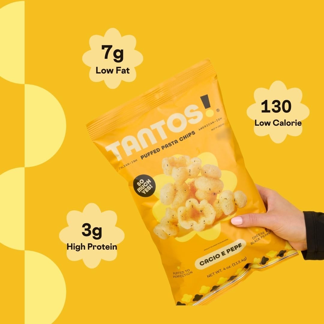 Tantos puffed pasta chips Cacio e Pepe party tray, crowd-pleasing nibble.