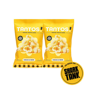Tantos puffed pasta chips Cacio e Pepe snack assembly, appealing mix.
