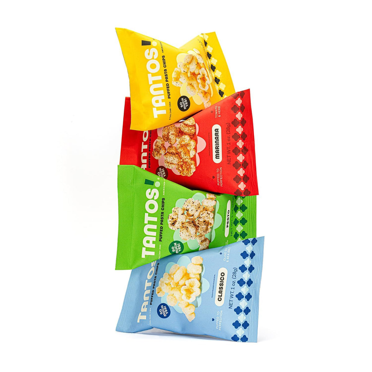 Tantos Puffed Pasta Chips Classico bag emphasizing Italian-seasoned pasta flavor