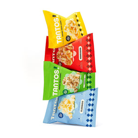 Tantos Puffed Pasta Chips Classico bag emphasizing Italian-seasoned pasta flavor