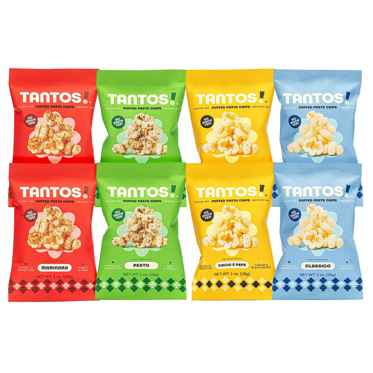 Tantos Puffed Pasta Chips Marinara bag with rich tomato notes and crisp texture