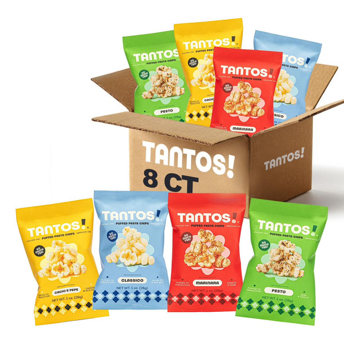 Tantos Puffed Pasta Chips Pesto bag showing bold basil aroma for a flavorful snack