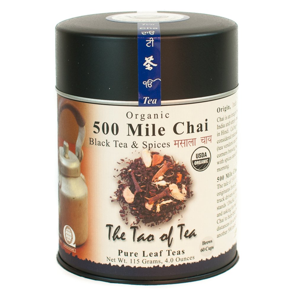 The Tao of Tea 500 Mile Chai tin shows bold, spiced black tea for traditional chai