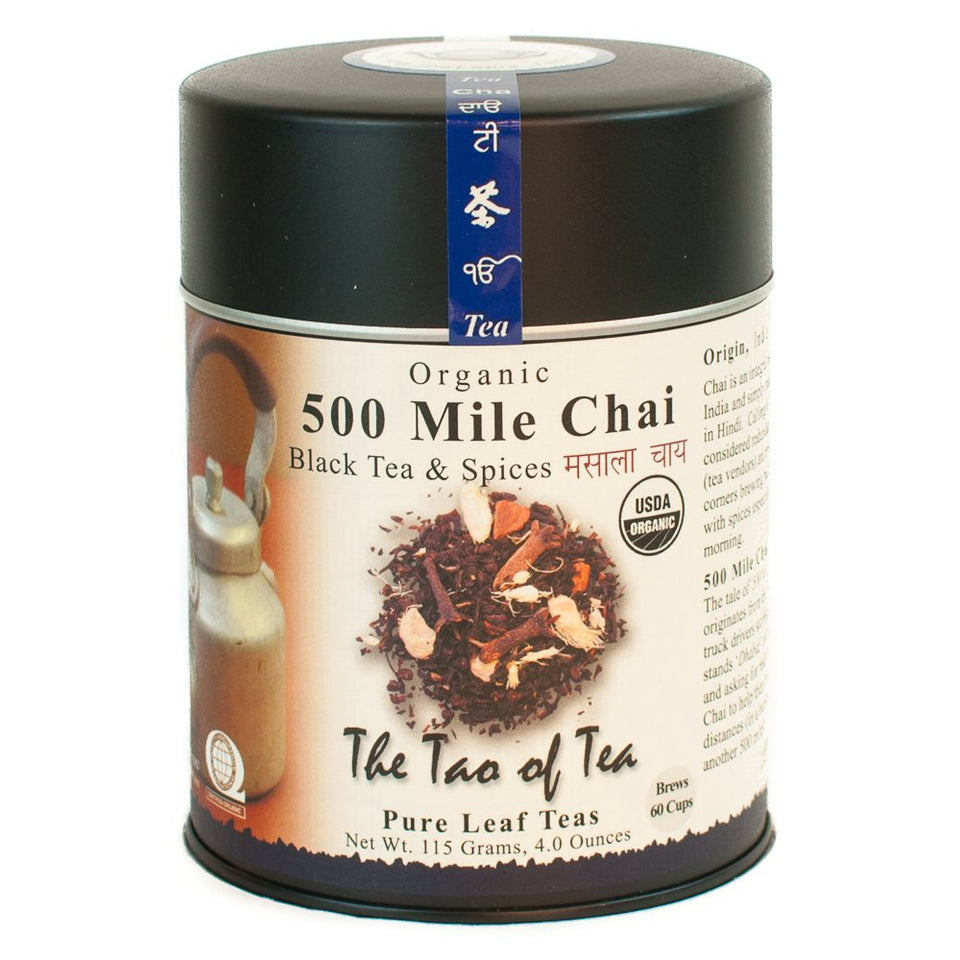 The Tao of Tea 500 Mile Chai tin shows bold, spiced black tea for traditional chai