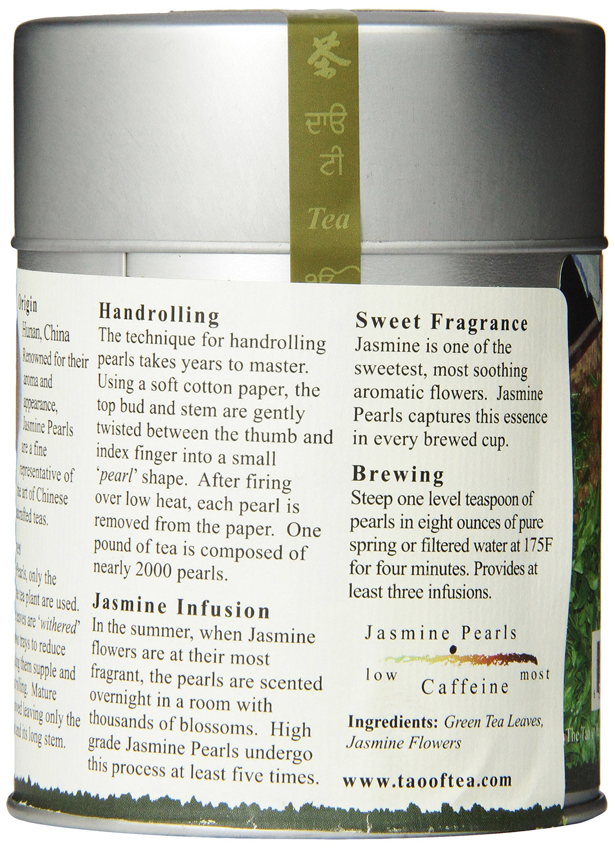 Green tea leaves and jasmine blooms ready to steep with The Tao of Tea.