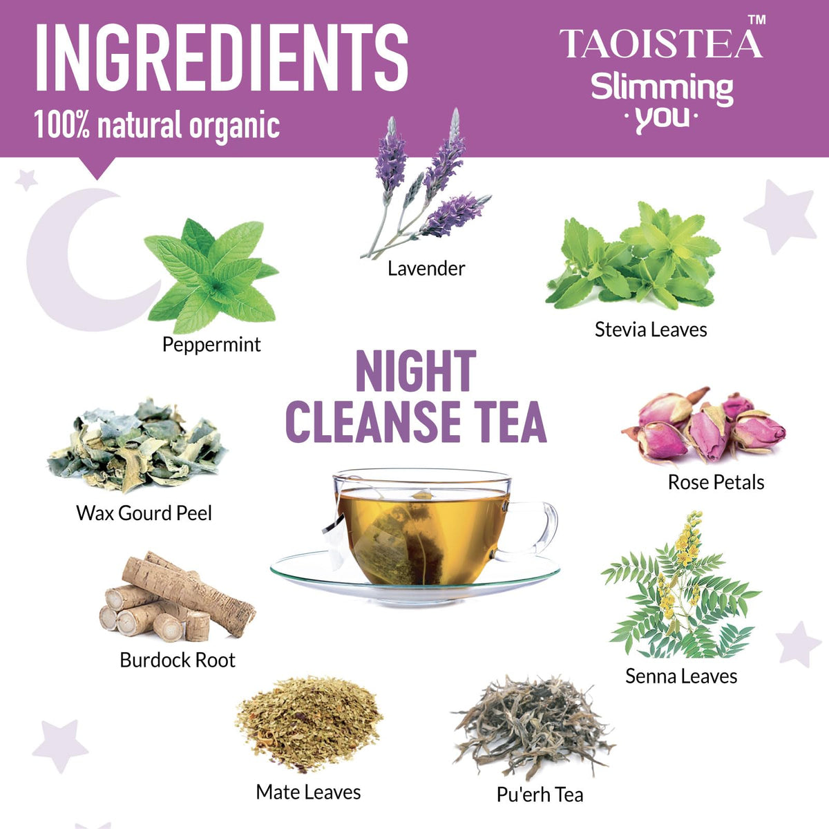 TAOISTEA Night Cleanse Tea bag close-up emphasizes gentle digestion support before bed.