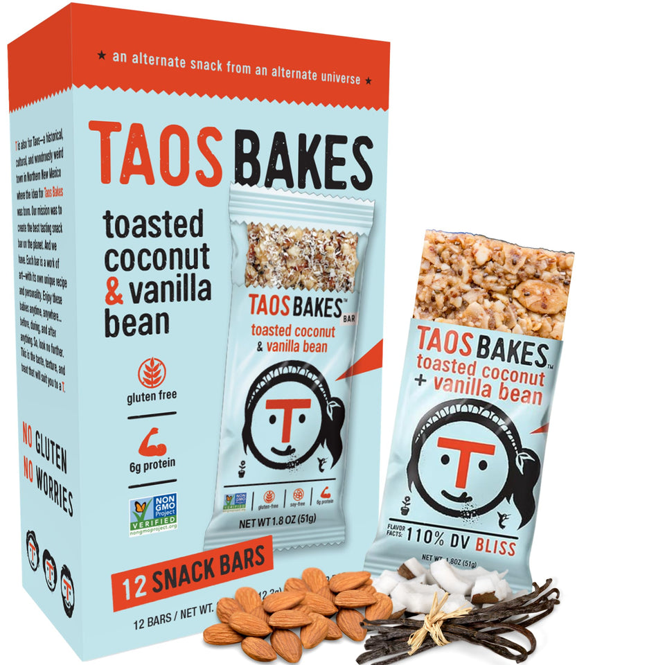 Taos Bakes Toasted Coconut Vanilla Bar—gluten-free, perfect for on-the-go flavor.