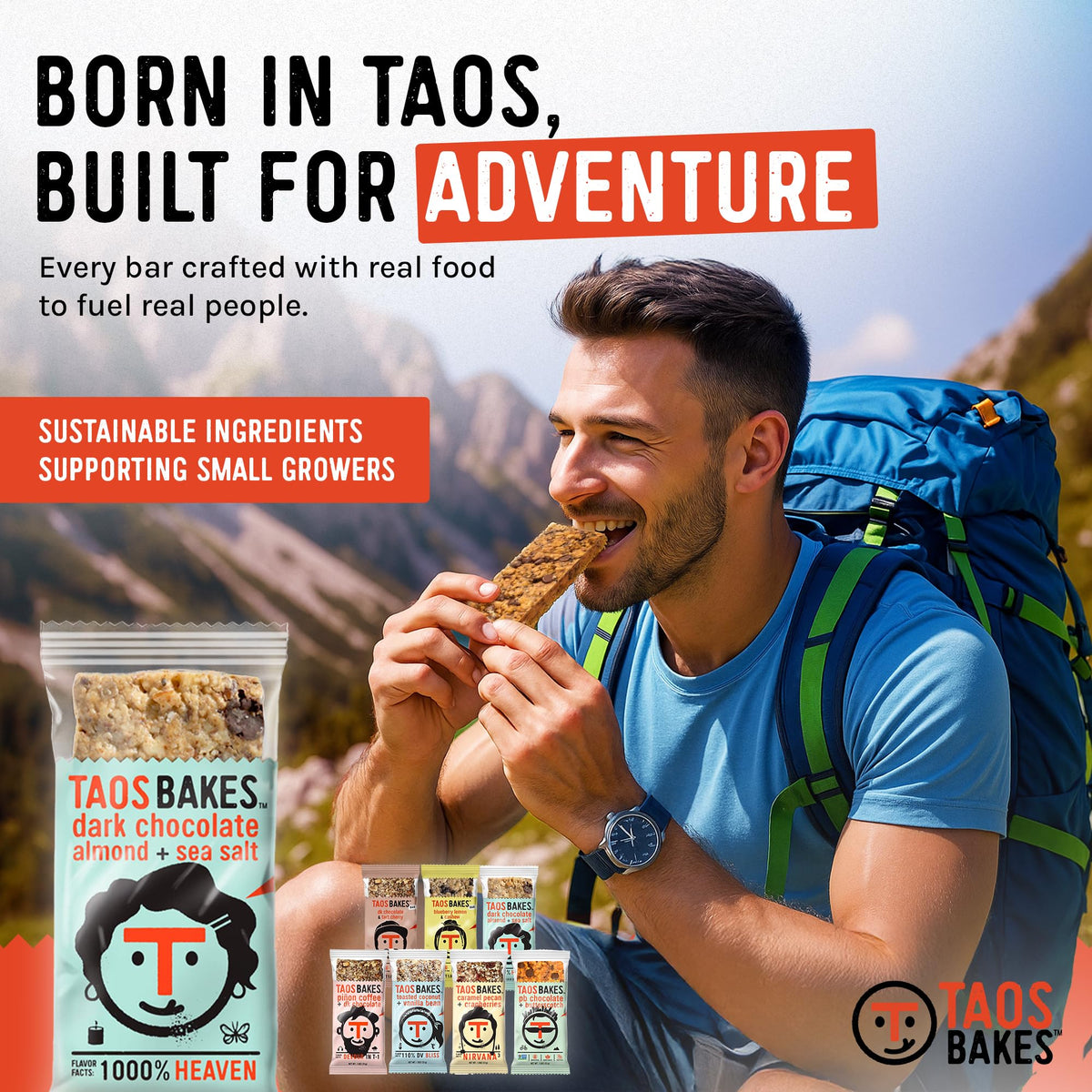 Taos Bakes Gluten-free Non-GMO bar supports family snacking.