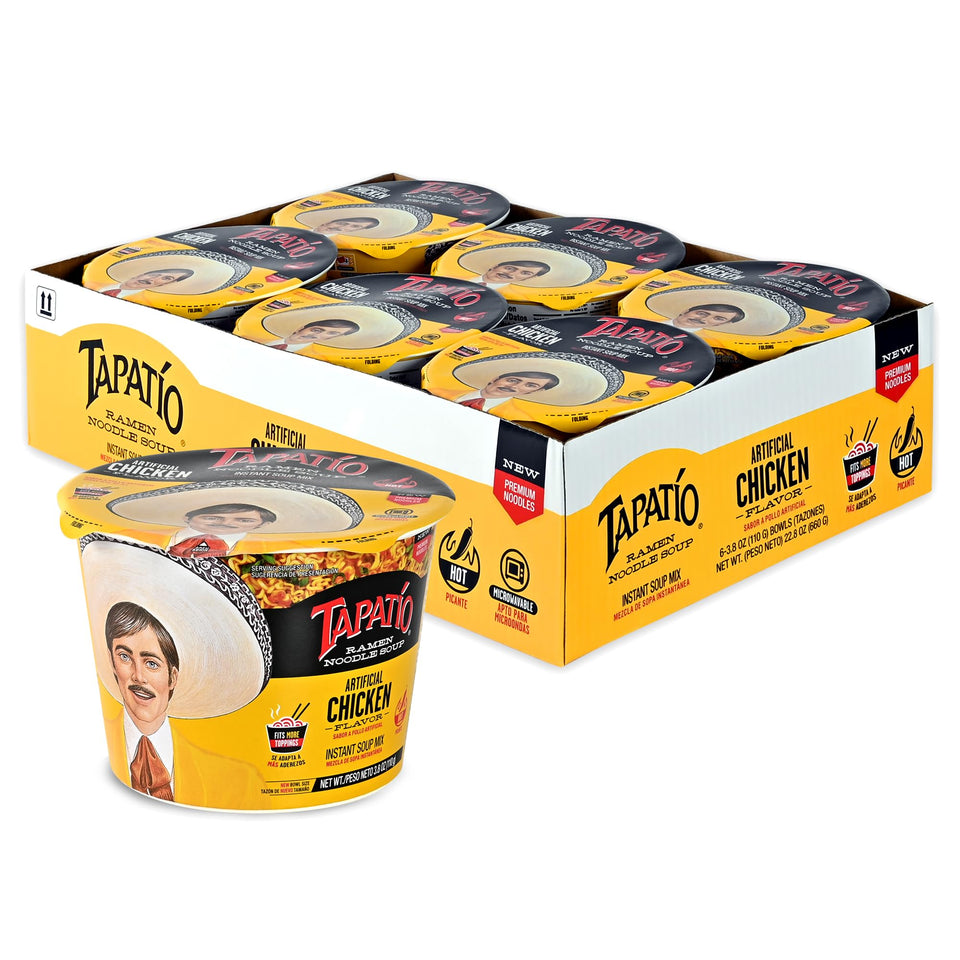 Tapatio Ramen chicken-flavor broth bowl, quick tasty lunch option.