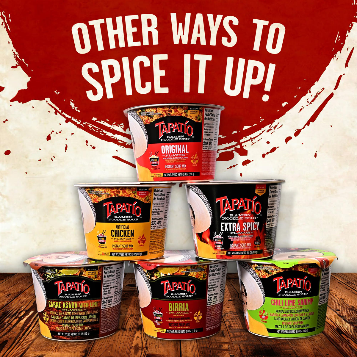 Front view of Tapatio Ramen Noodle Soup 6-pack packaging
