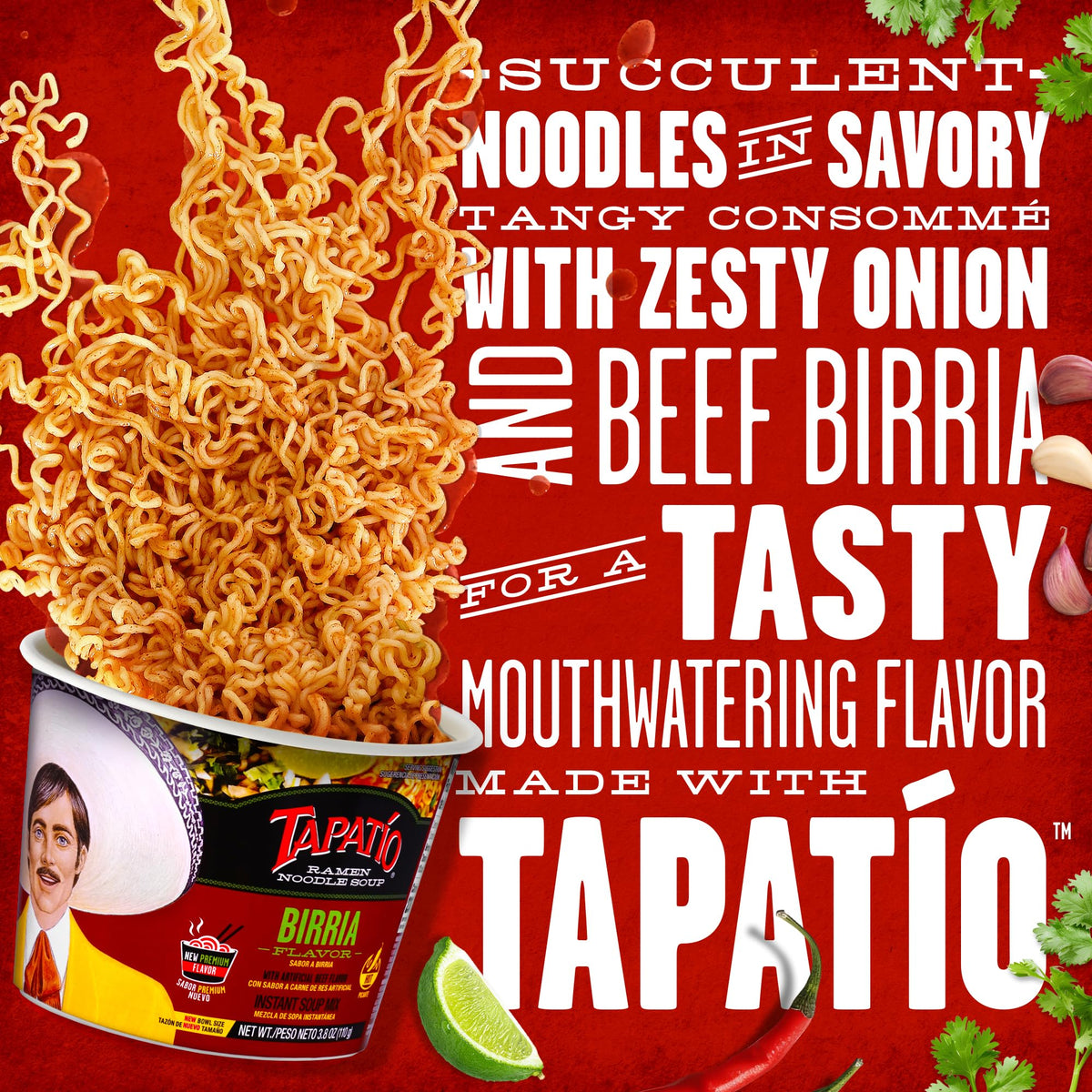 Close-up of Tapatio ramen ingredients and birria-inspired broth