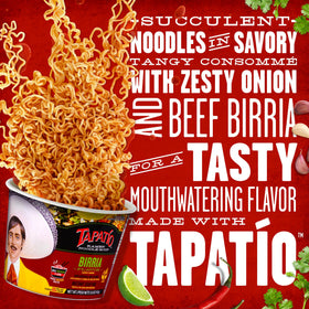 Close-up of Tapatio ramen ingredients and birria-inspired broth