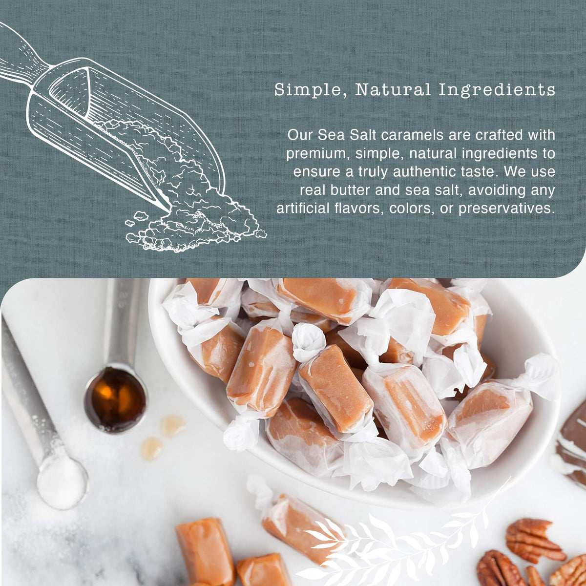 Taras Gourmet Sea Salt Caramels creamy texture close-up emphasizes small-batch craftsmanship.