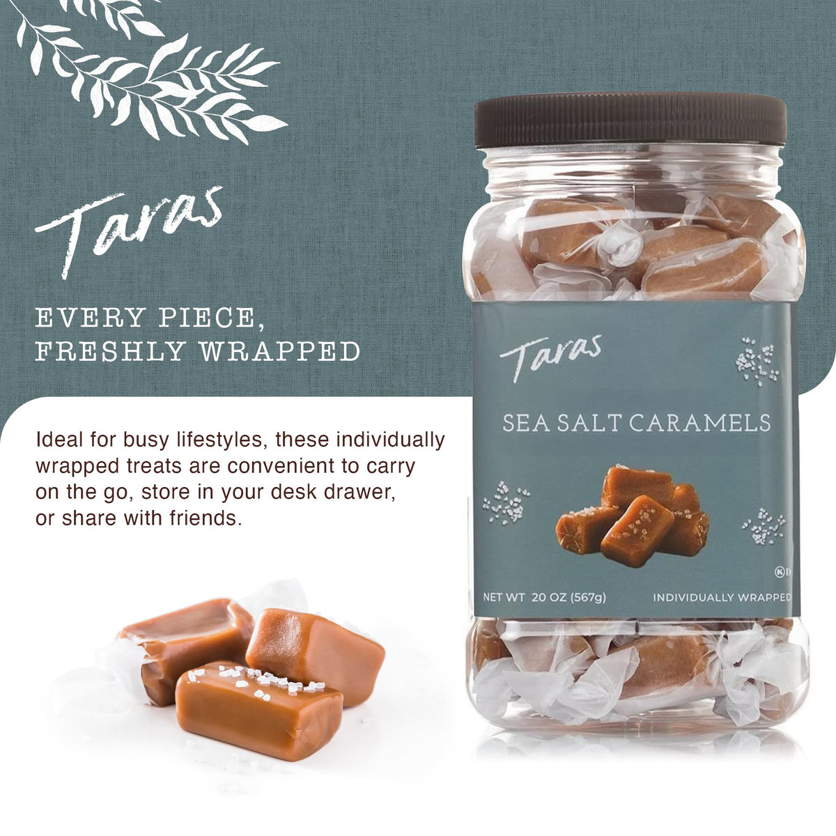 Taras Gourmet Sea Salt Caramels golden color close-up conveys rich, inviting melt.