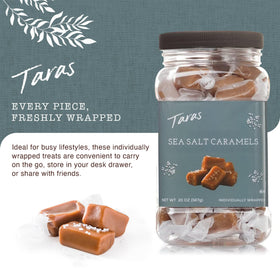 Taras Gourmet Sea Salt Caramels golden color close-up conveys rich, inviting melt.