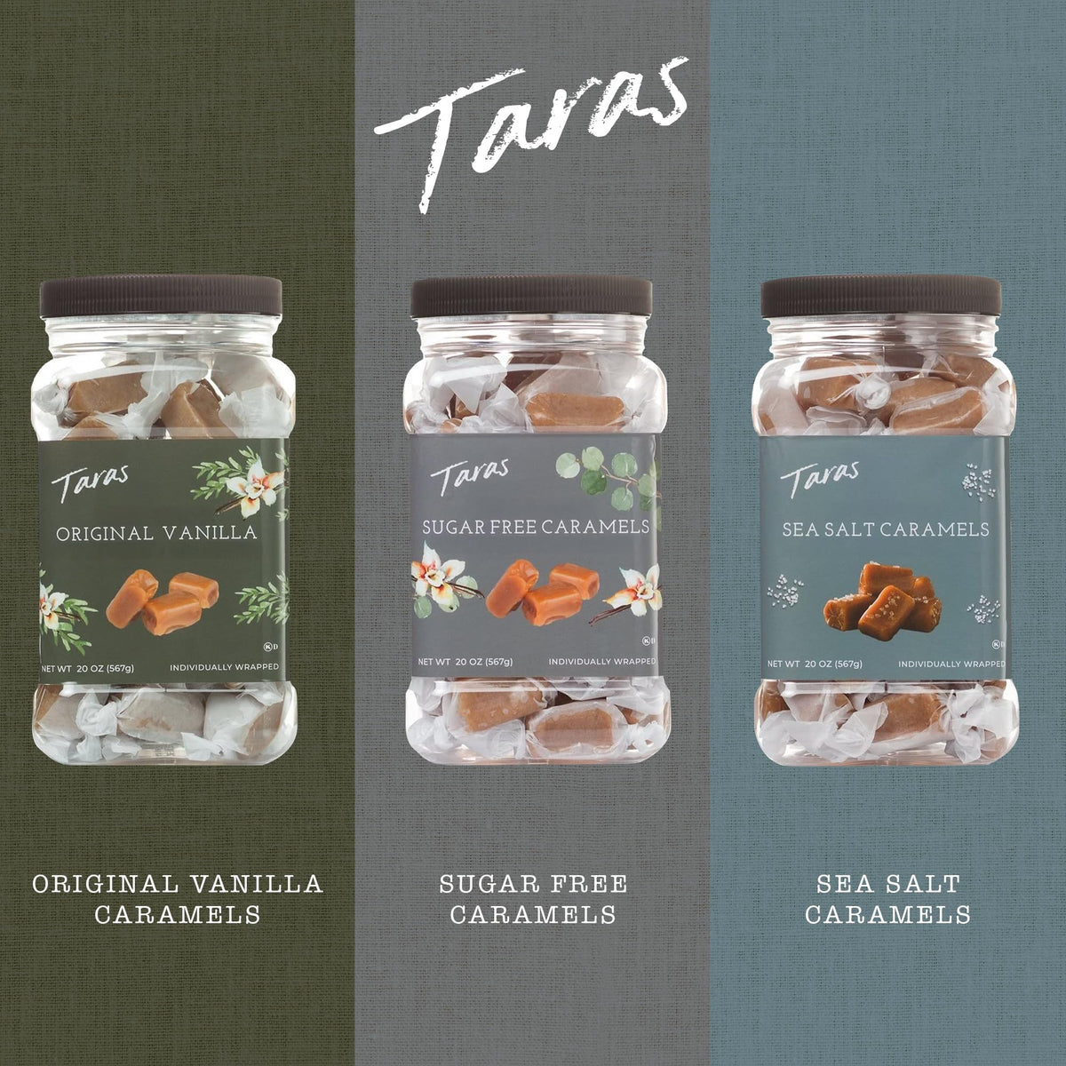 Taras Gourmet Sea Salt Caramels in-hand shot suggests bite-sized, gift-ready indulgence.