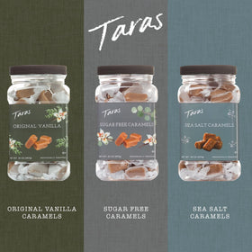 Taras Gourmet Sea Salt Caramels in-hand shot suggests bite-sized, gift-ready indulgence.