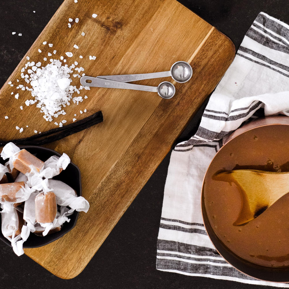 Taras Gourmet Sea Salt Caramels ingredients list illustration highlights real butter and sea salt.