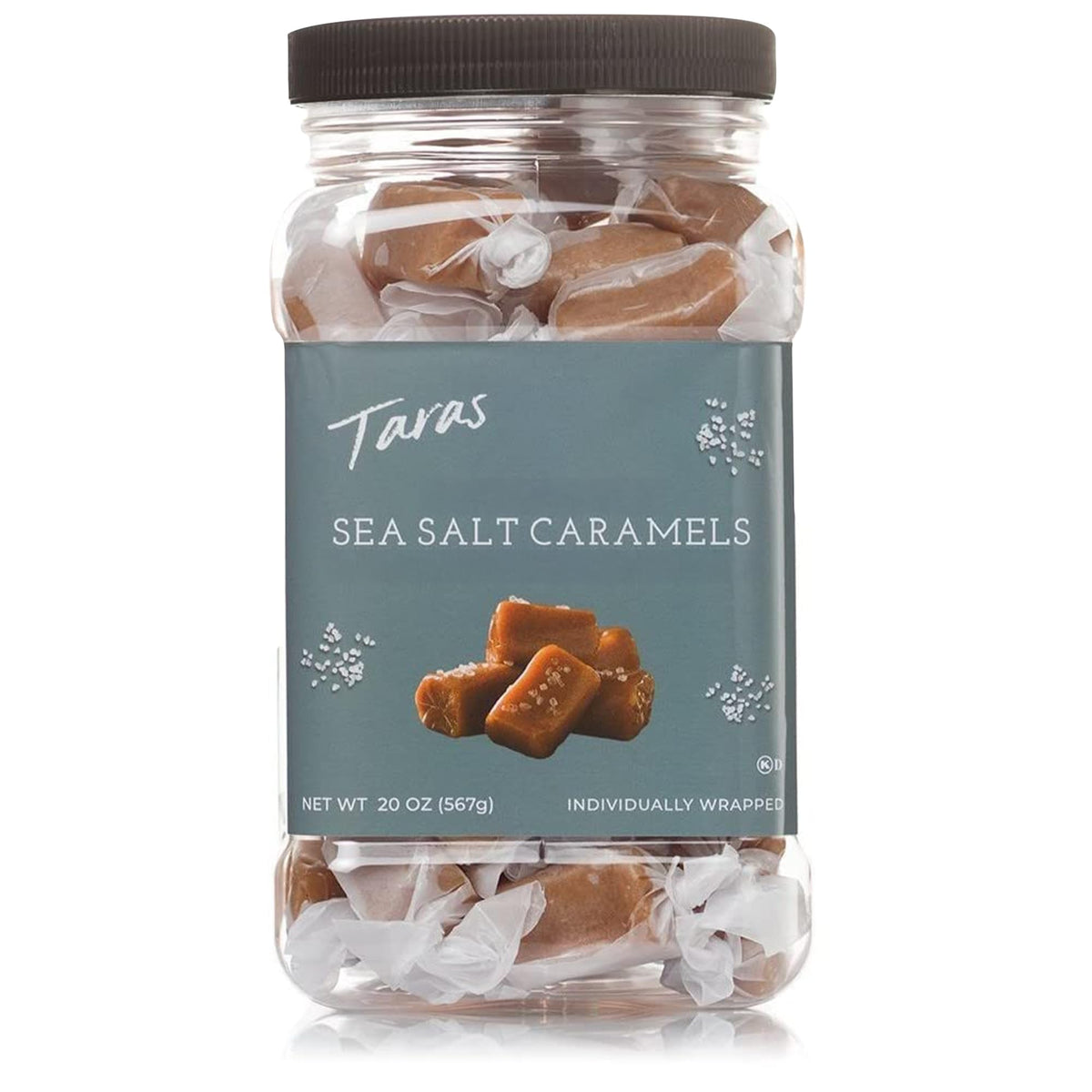 Taras Gourmet Sea Salt Caramels jar close-up highlighting rich butter flavor.