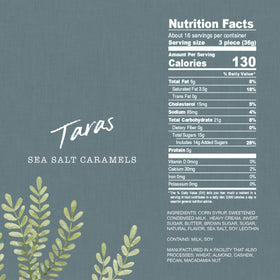 Taras Gourmet Sea Salt Caramels packaging jar displays resealable design for freshness.
