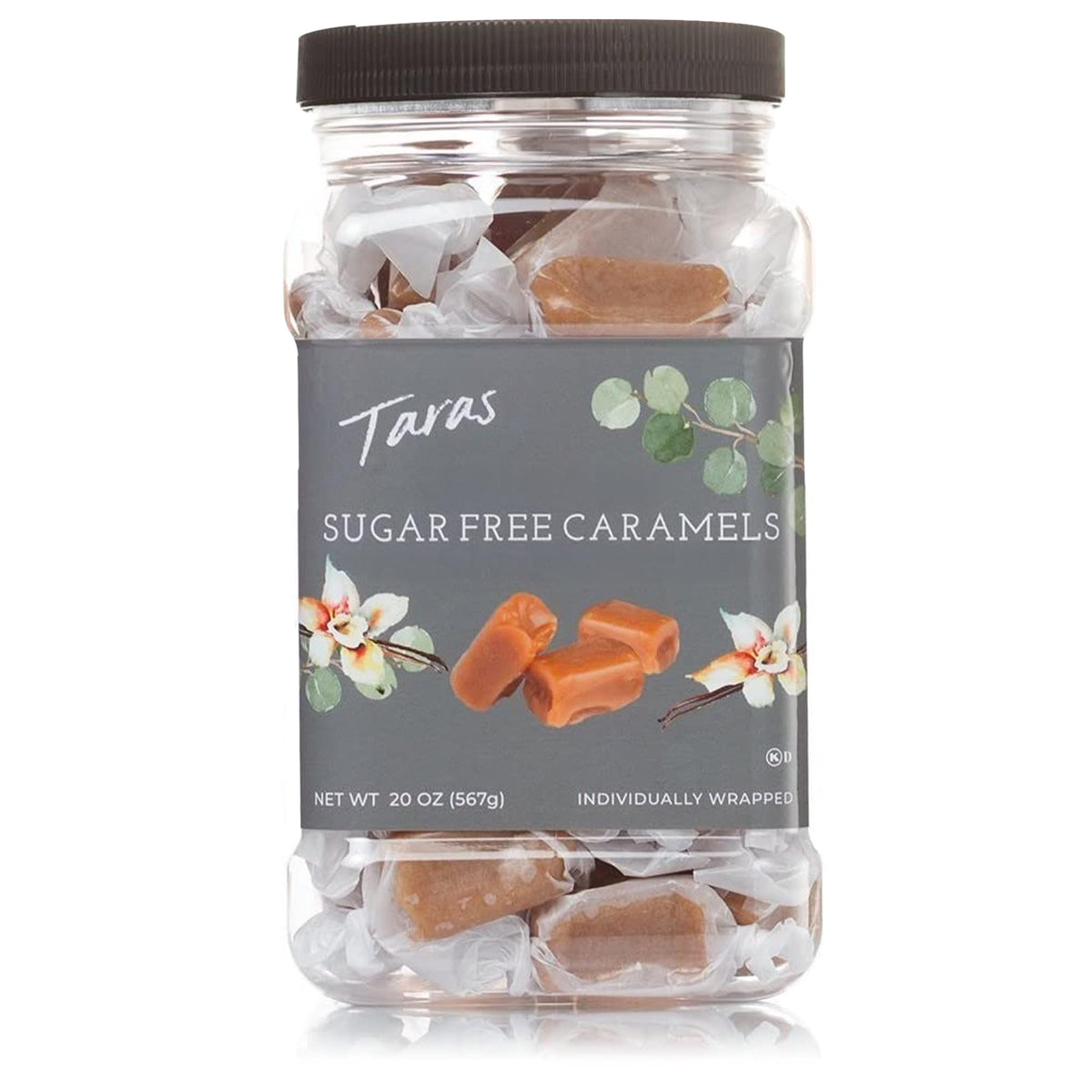 Taras Gourmet Sugar Free Caramels packaging closeup in a resealable jar for freshness.