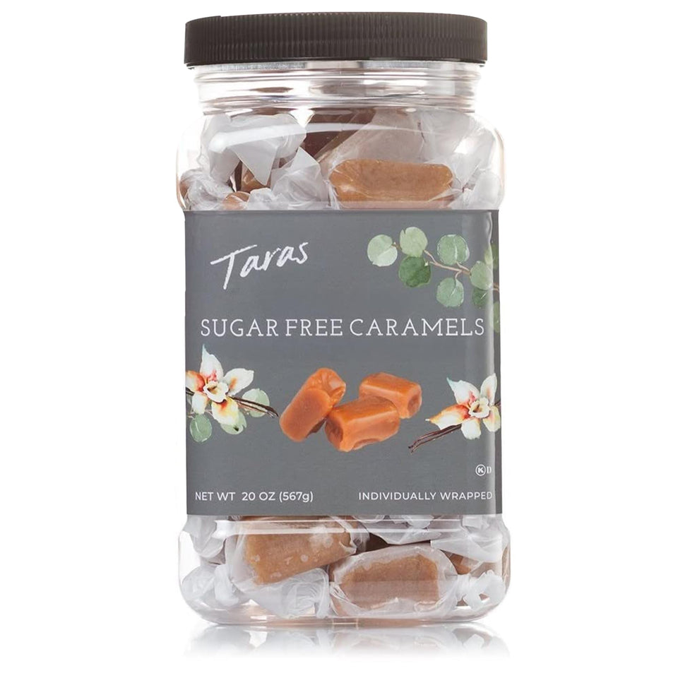 Taras Gourmet Sugar Free Caramels packaging closeup in a resealable jar for freshness.
