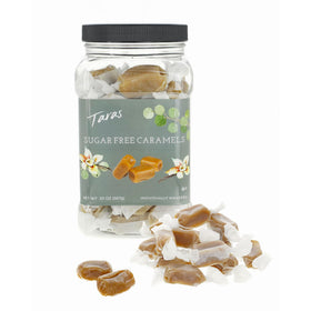 Gift-ready Taras Sugar Free Caramels in an elegant 20 oz jar.