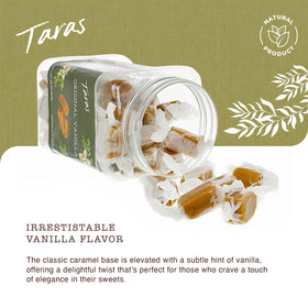 Taras vanilla caramels close-up with creamy melt and luxury finish