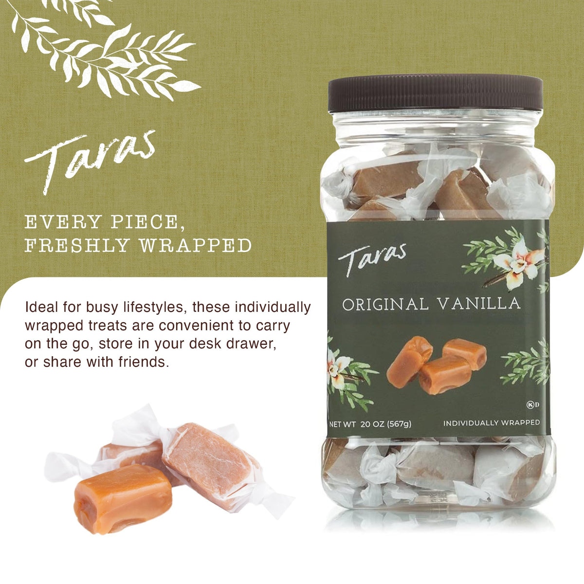 Taras vanilla caramel ingredients panel featuring butter and cream