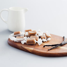 Taras caramels on a tasting plate with rich vanilla aroma
