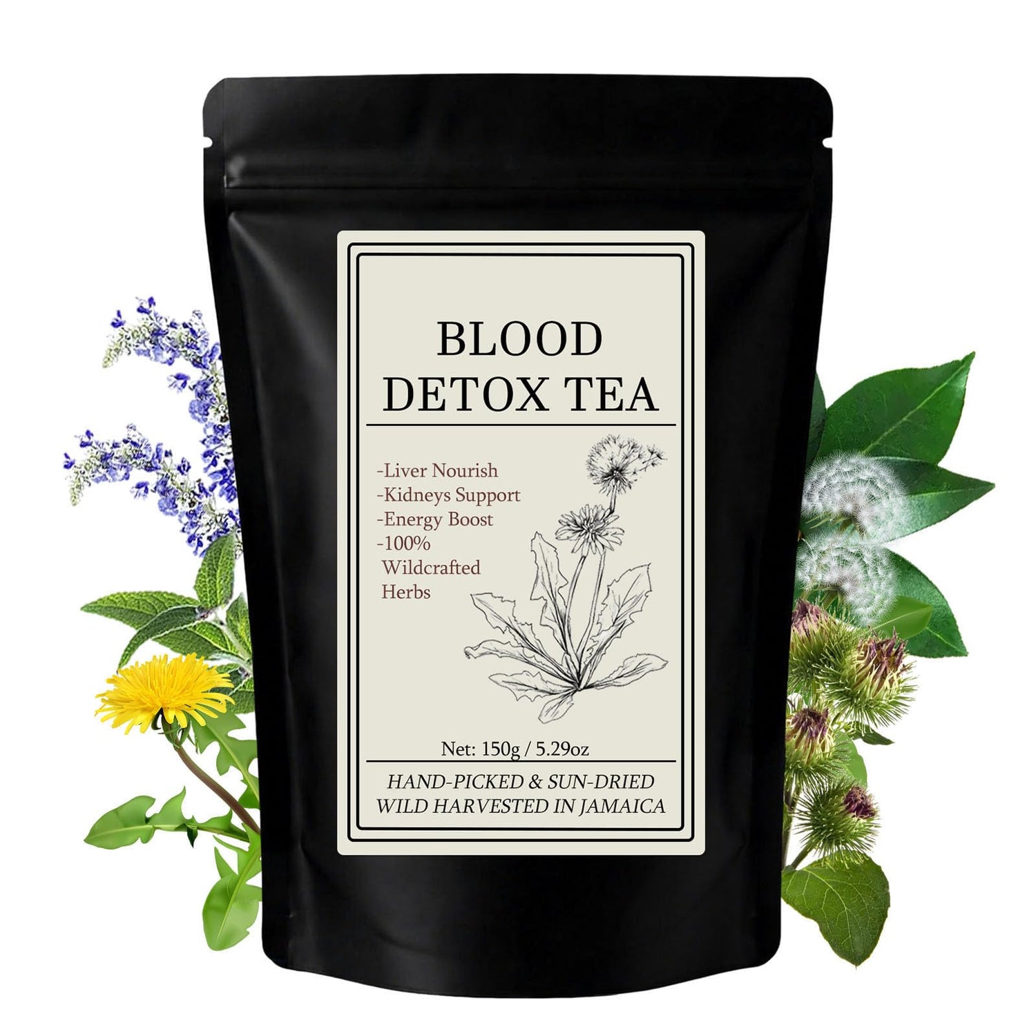 Tarlyrano Blood Detox Tea packaging shows the Jamaican herbal blend for daily use.