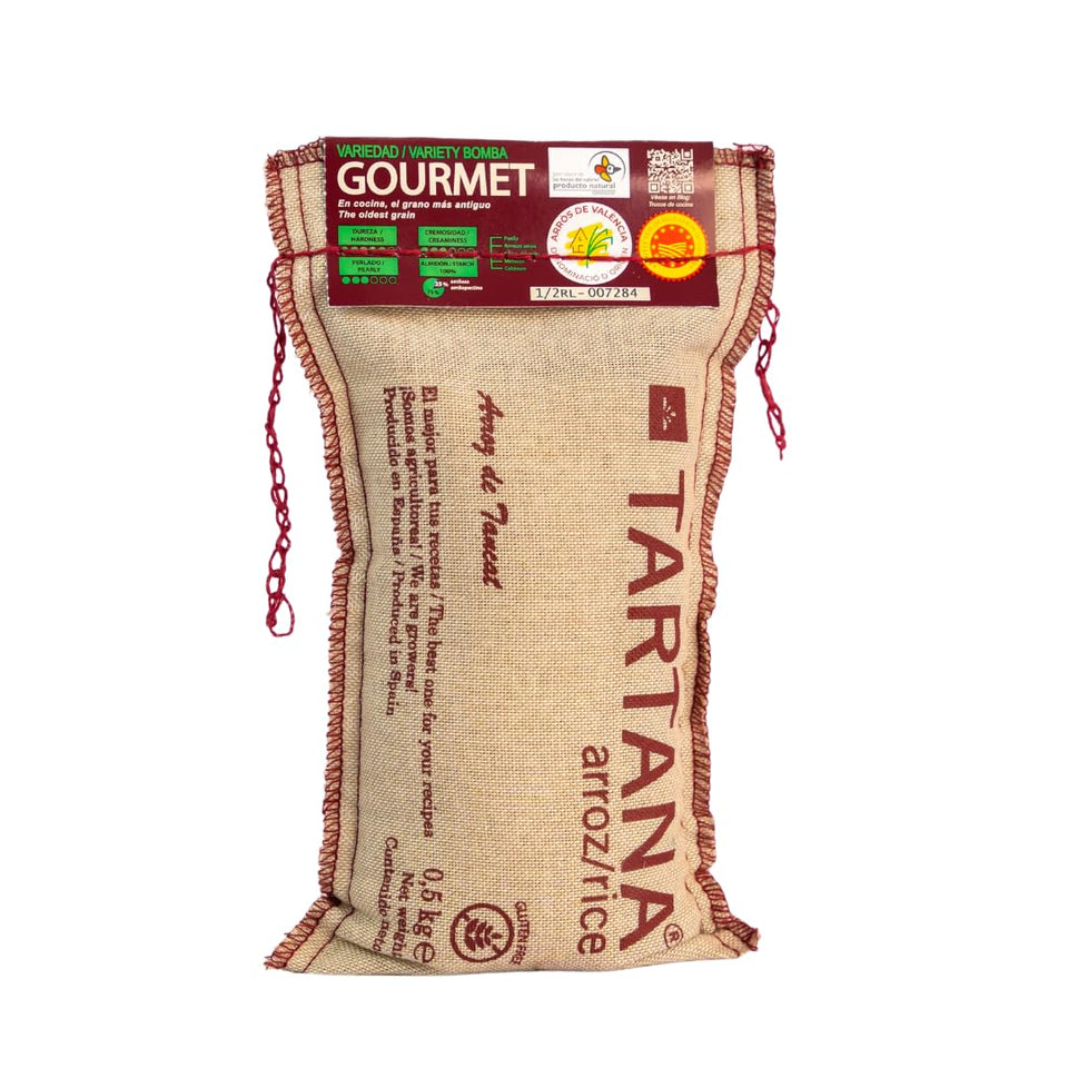 Tartana Bomba rice bag front shows authentic packaging for making flavorful, non-sticky paella.