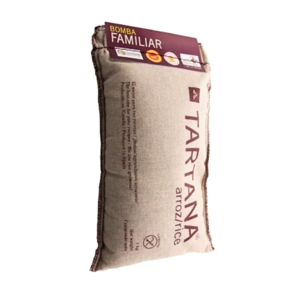 TARTANA Bomba Rice bag shows premium Valencia grain ideal for paella.