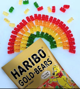 Tasmo Haribo Goldbears orange gummy texture close-up, vibrant color appealing to kids and adults.